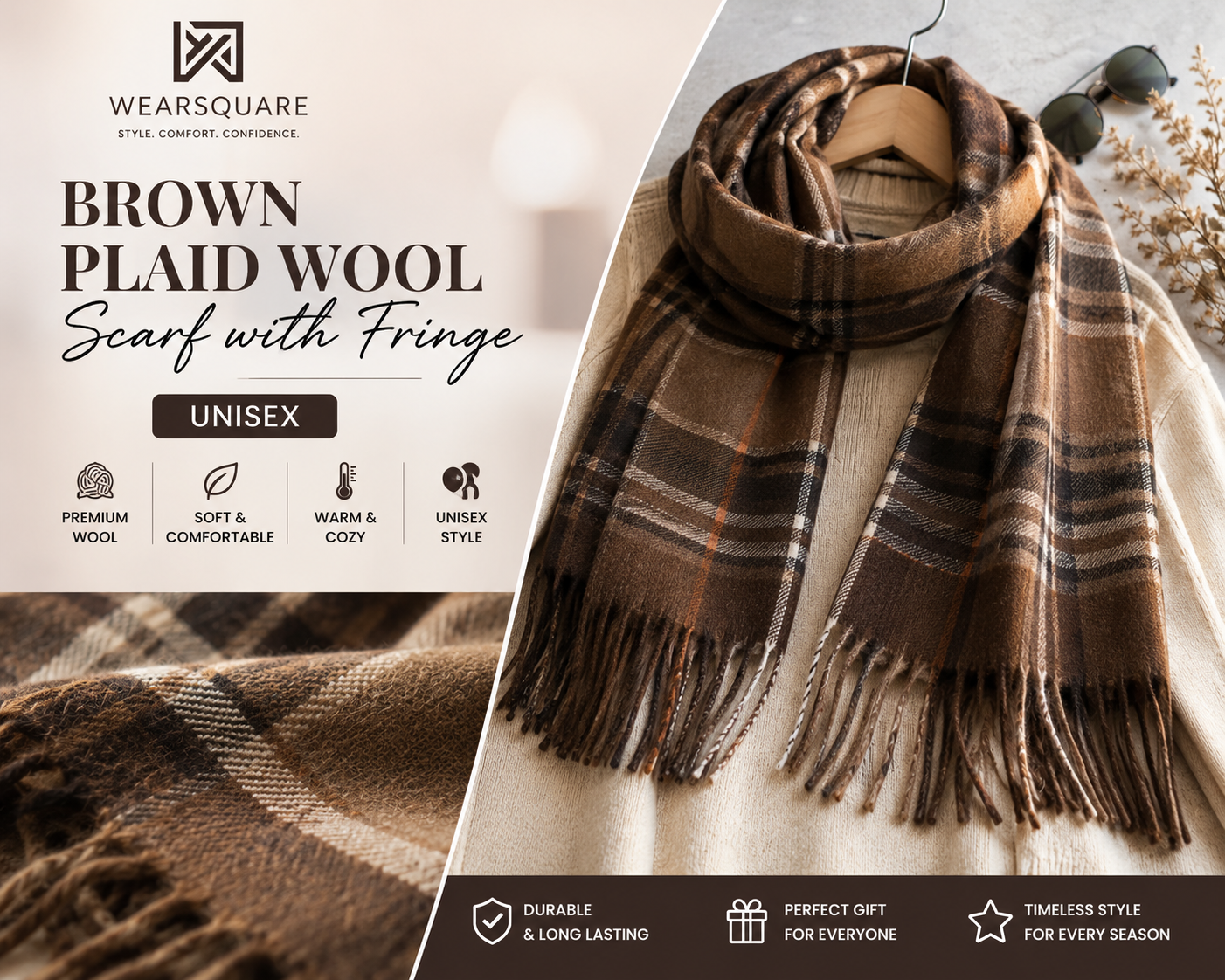 Brown Plaid Wool Scarf with Fringe Unisex – WearSquare